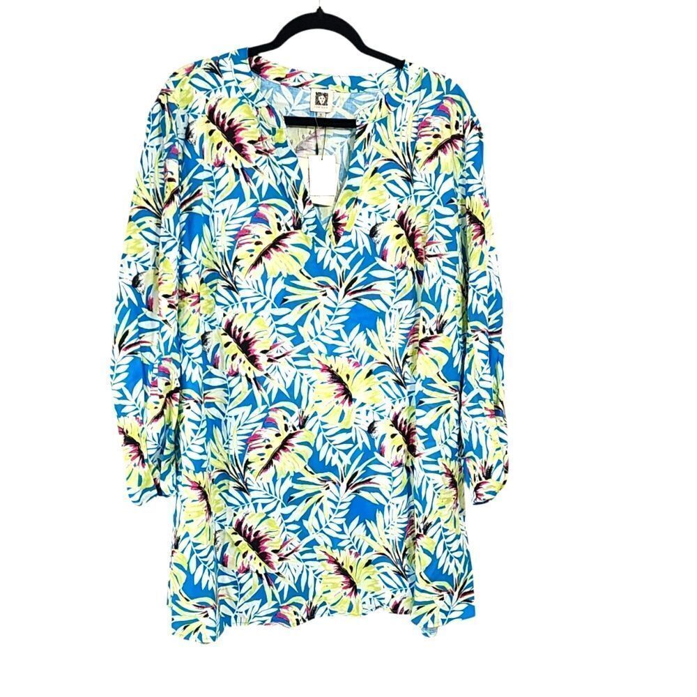 Anne Klein Womens 3X Linen Blend Top Tropical Island Resort NWT